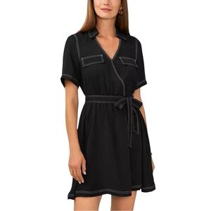 Vince Camuto Belted Faux Wrap Shirt Dress Contrast Stitch Black White M NWT